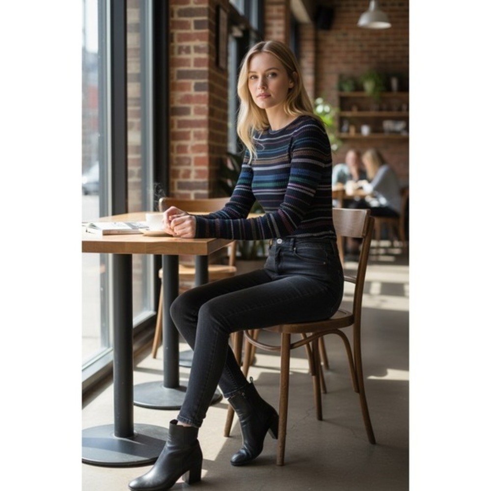 Milly Womens Ribbed Knit Metallic‎ Stripe Long Sleeve Sweater Black Multi Size M